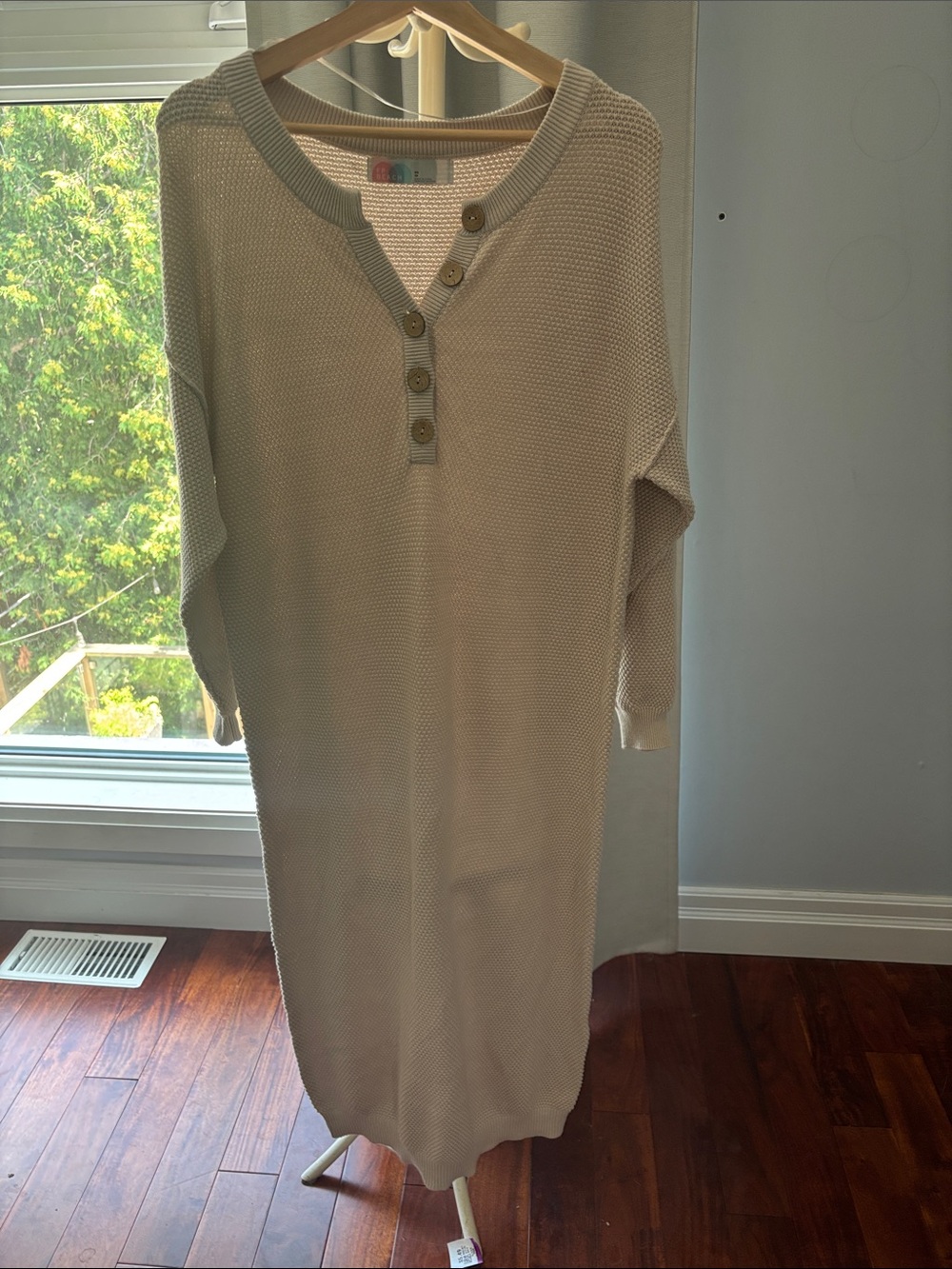 Long Knit Henley Dress in Cream